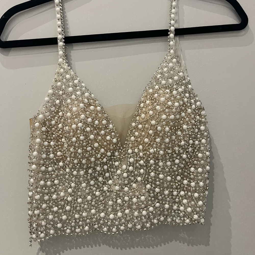 Davids Bridal Pearl Embellished Crop Top